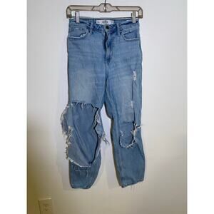 Hollister Curvy High-Rise Mom Jeans Wide leg rugged ripped SZ 25